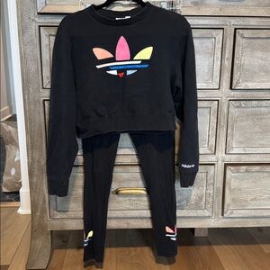 Adidas Black cropped sweater with matching Leggings with Colorful Logo